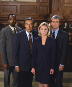 LAW & ORDER -- Season 12 -- Pictured: (l-r) Jesse L. Martin as Detective Ed Green, Jerry Orbach as Detective Lennie Briscoe, Elisabeth R÷hm as A.D.A. Serena Southerlyn, Sam Waterston as Executive A.D.A. Jack McCoy (Photo by Craig Blankenhorn/NBC/NBCU Photo Bank via Getty Images)