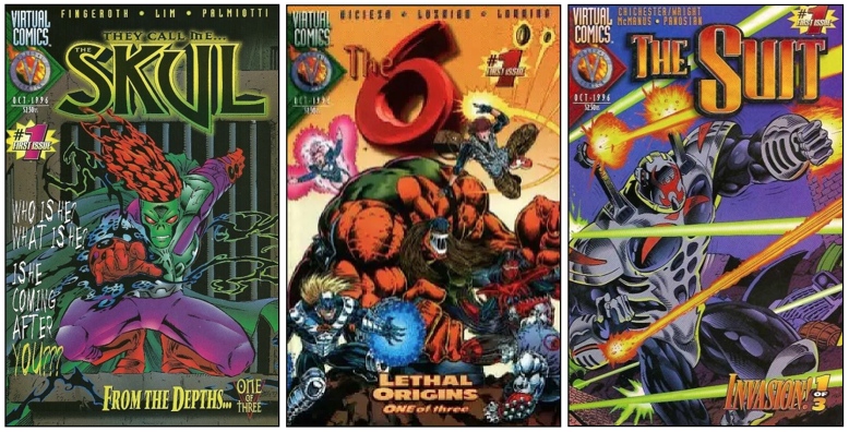 The first-issue covers of (l. to r.) The Skul, The 6, and The Suit, Virtual Comics' launch titles.