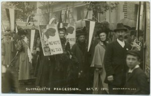 Clemence Housman (in gray, 3rd from right) at a suffragette gathering. Photo courtesy of Schwimmer-Lloyd collection, NYPL